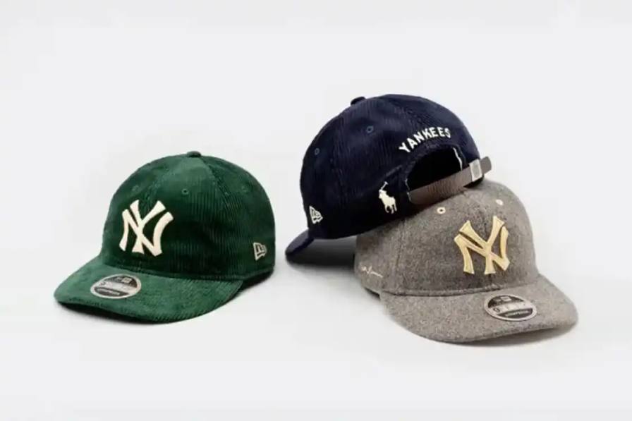 Three baseball caps from New Era, Polo Ralph Lauren, and MLB feature retro designs with Cooperstown logos, cotton and corduron construction, and leather straps.