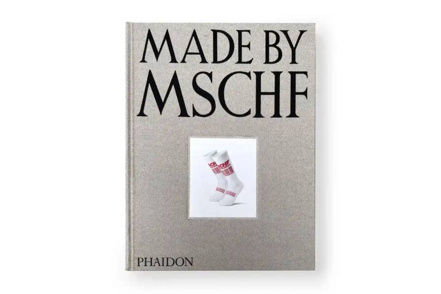 Cover of 'Made by MSCHF' book published by Phaidon, showing a hardcover volume documenting the art collective's projects and history through case studies and archival imagery.