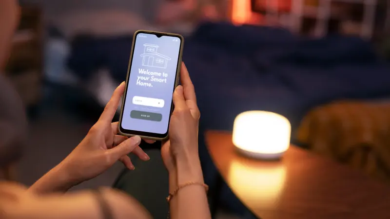 A person setting up a smart home app on their phone in a warmly lit room with a smart home hub on the table nearby.