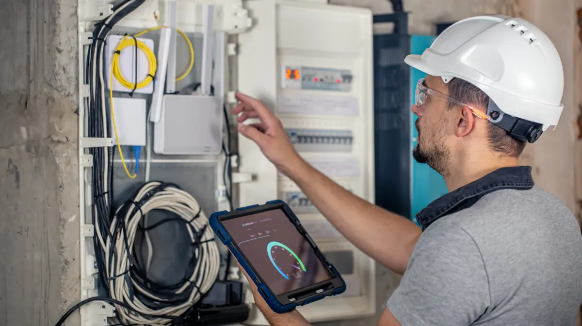 A network technician working at a fiber distribution panel while checking connection speeds on a tablet.