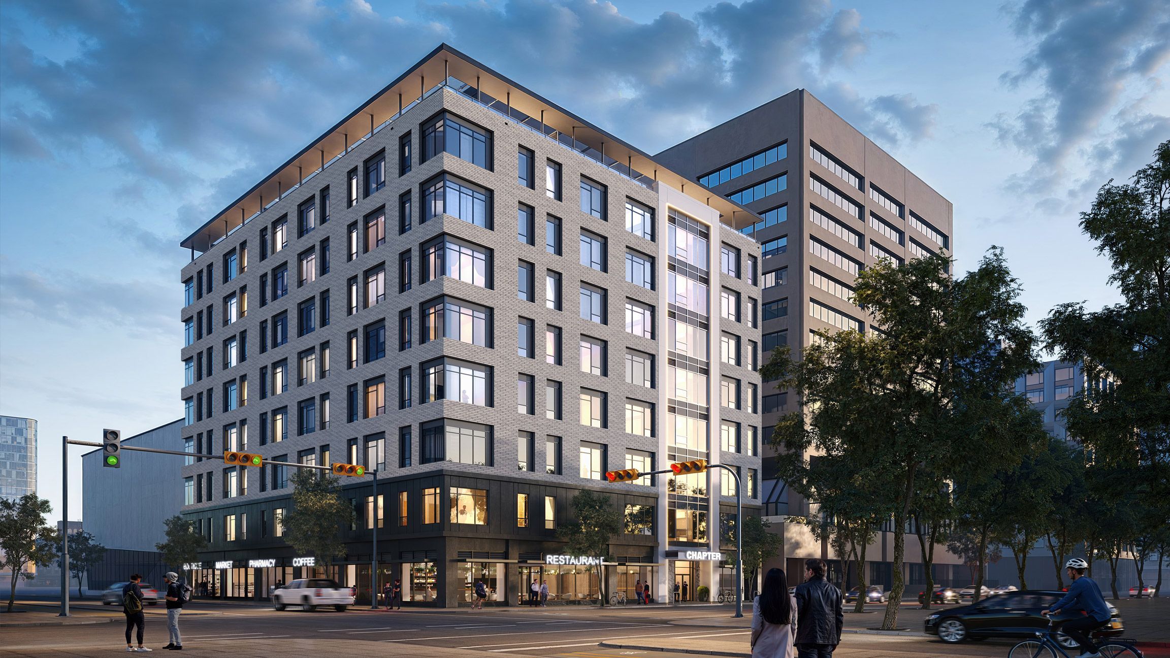 Dusk rendering of Chapter - a new downtown Calgary rental building with ground-floor retail