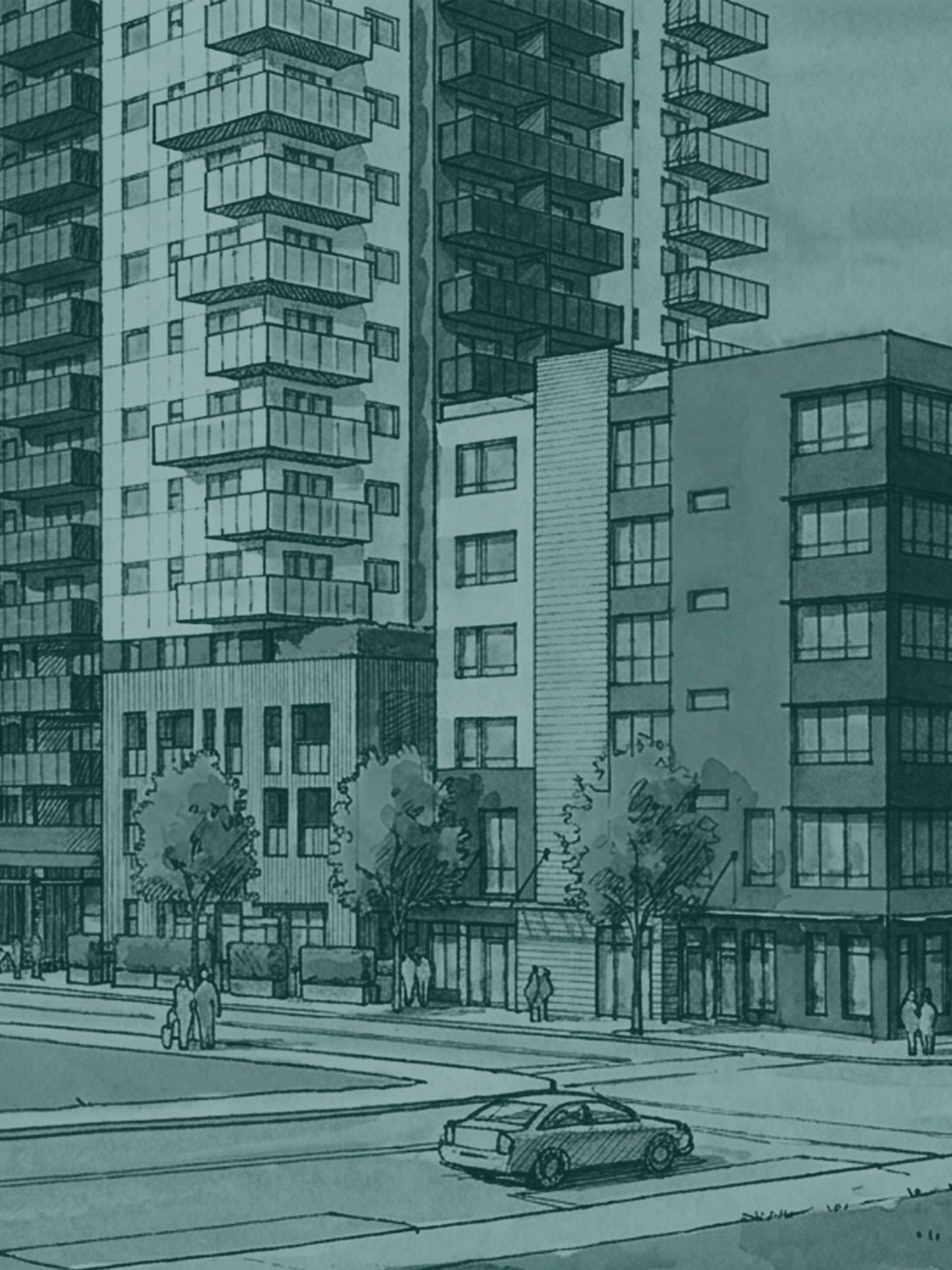 Architectural street-level sketch of two buildings in East Vancouver