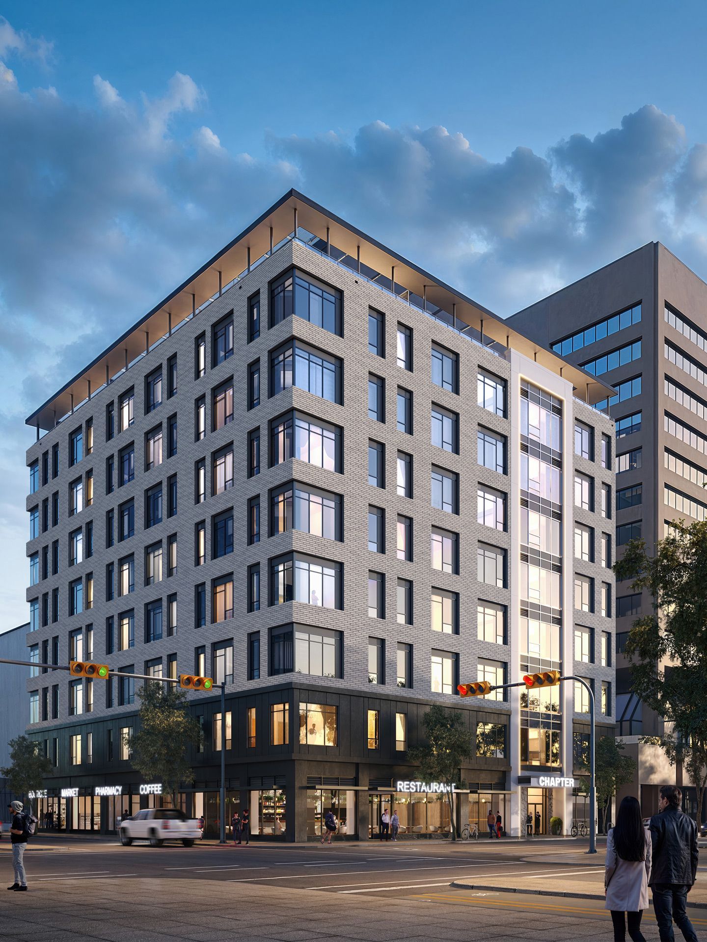 Dusk rendering of Chapter - a new downtown Calgary rental building with ground-floor retail