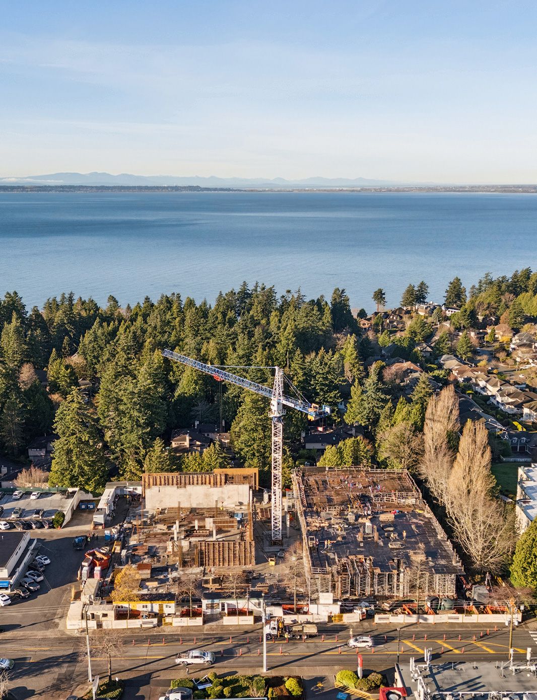 Residential building construction surrounded by green trees overlooking calm blue water