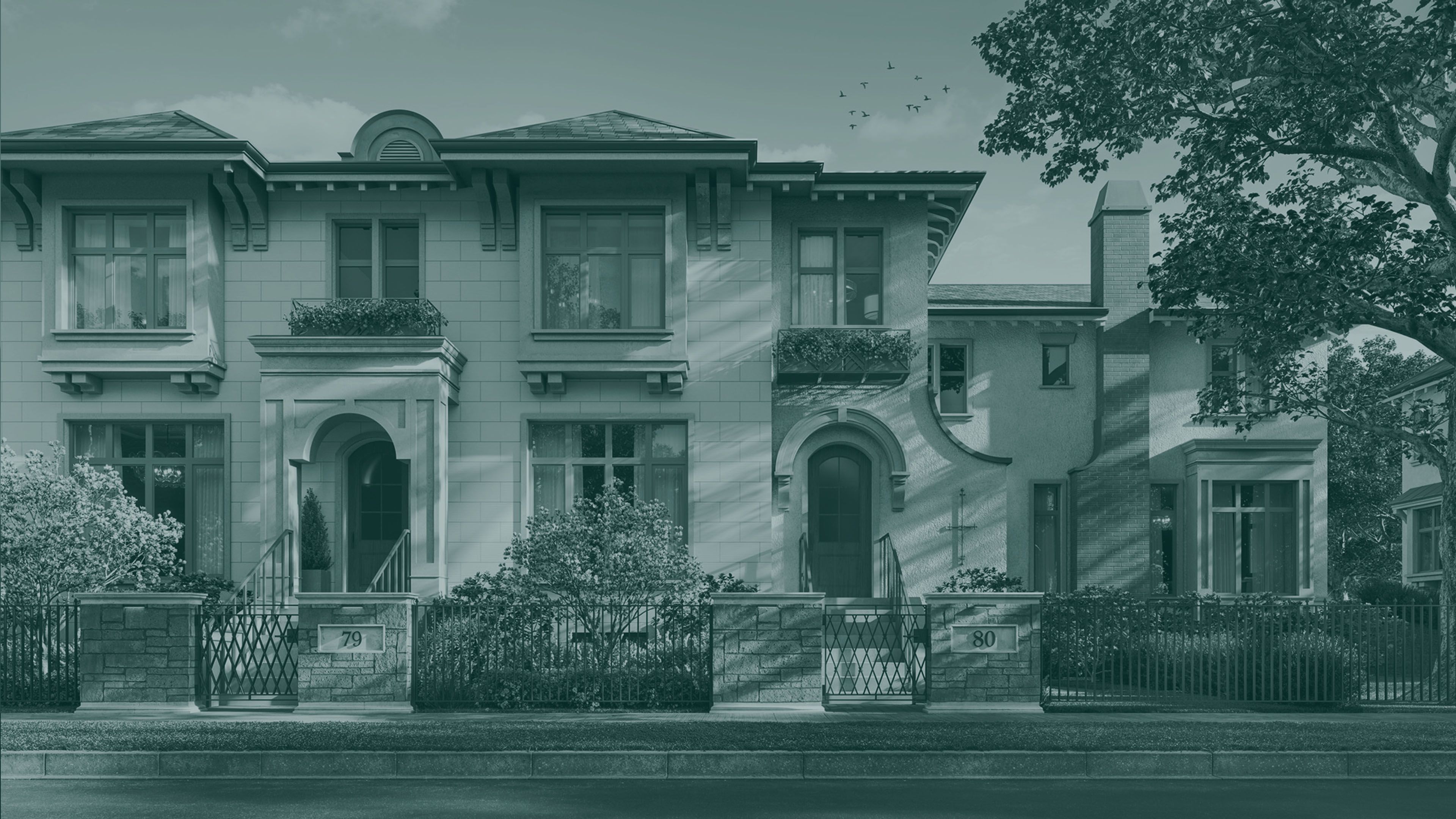 Rendering of Arbutus by Cressey – luxury townhomes in Shaughnessy featuring classic architecture, arched entries, and lush landscaping.