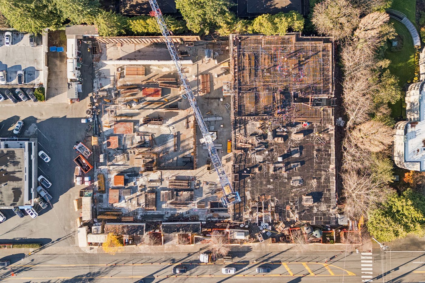 Birds-eye view of Rockford construction site with crane