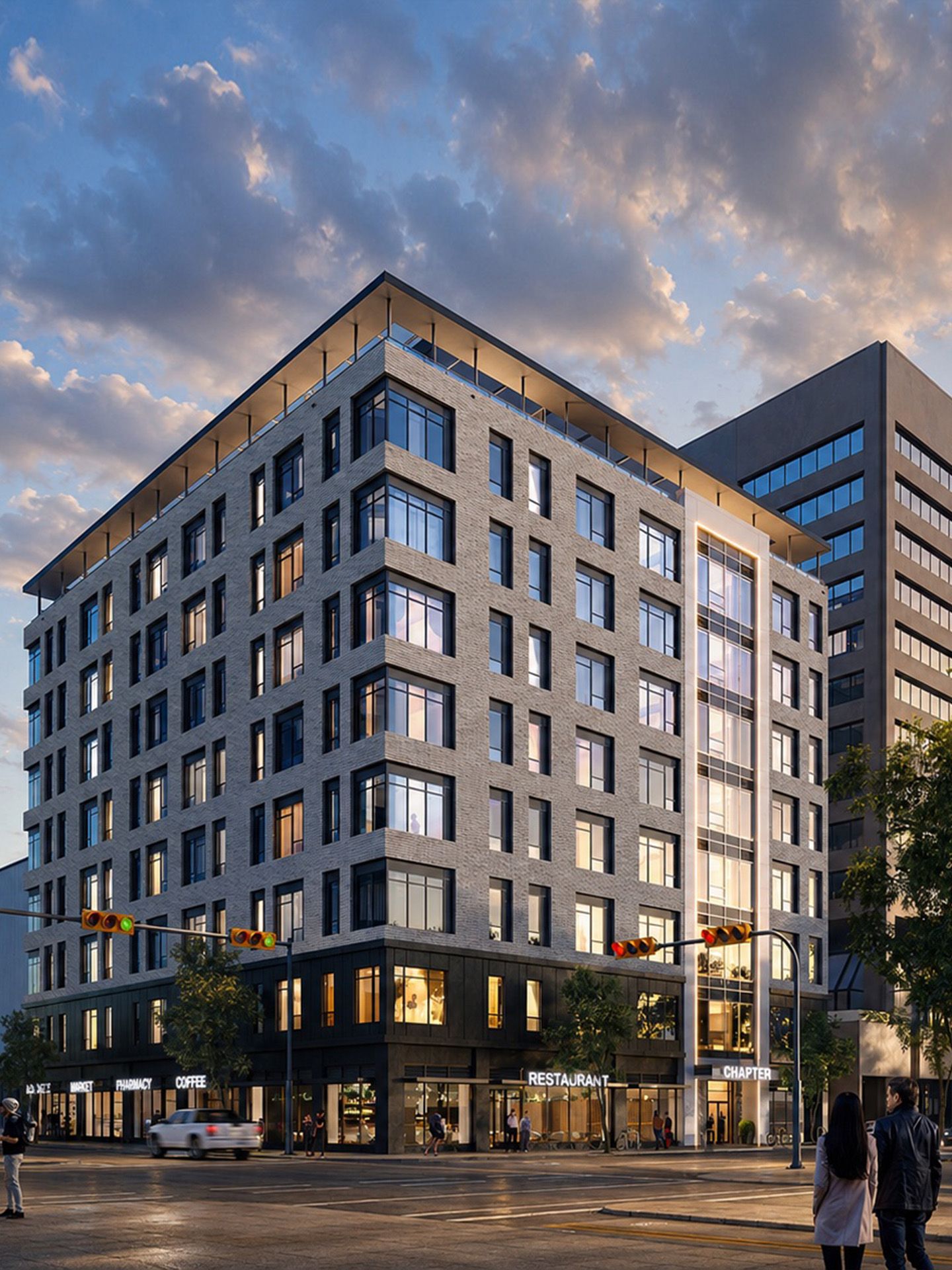 Rendering of urban rental building exterior at dusk with clouds and ground-floor commercial units
