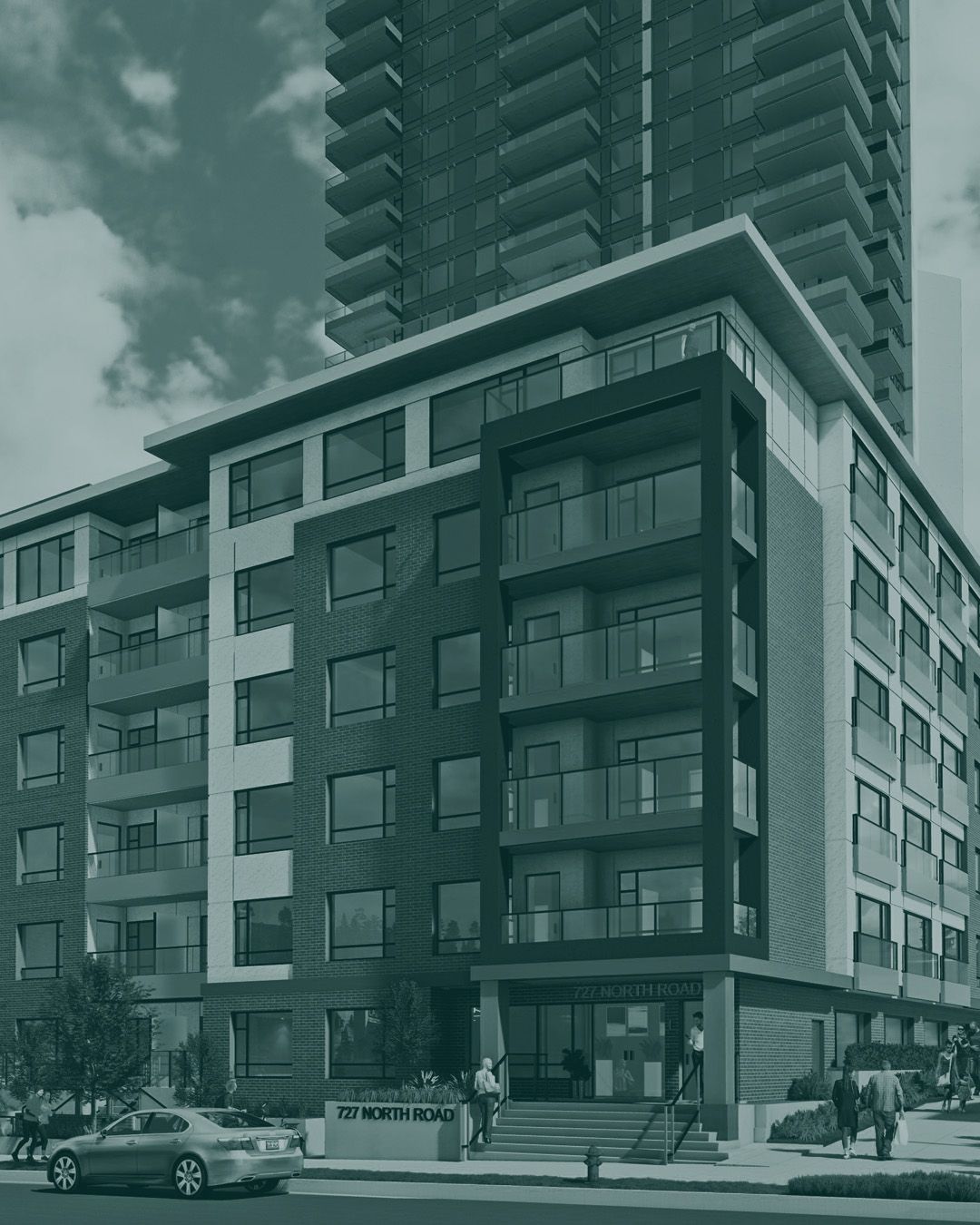 Architectural rendering of mid-rise modern rental building on a sunny day with a dark green semi-transparent overlay