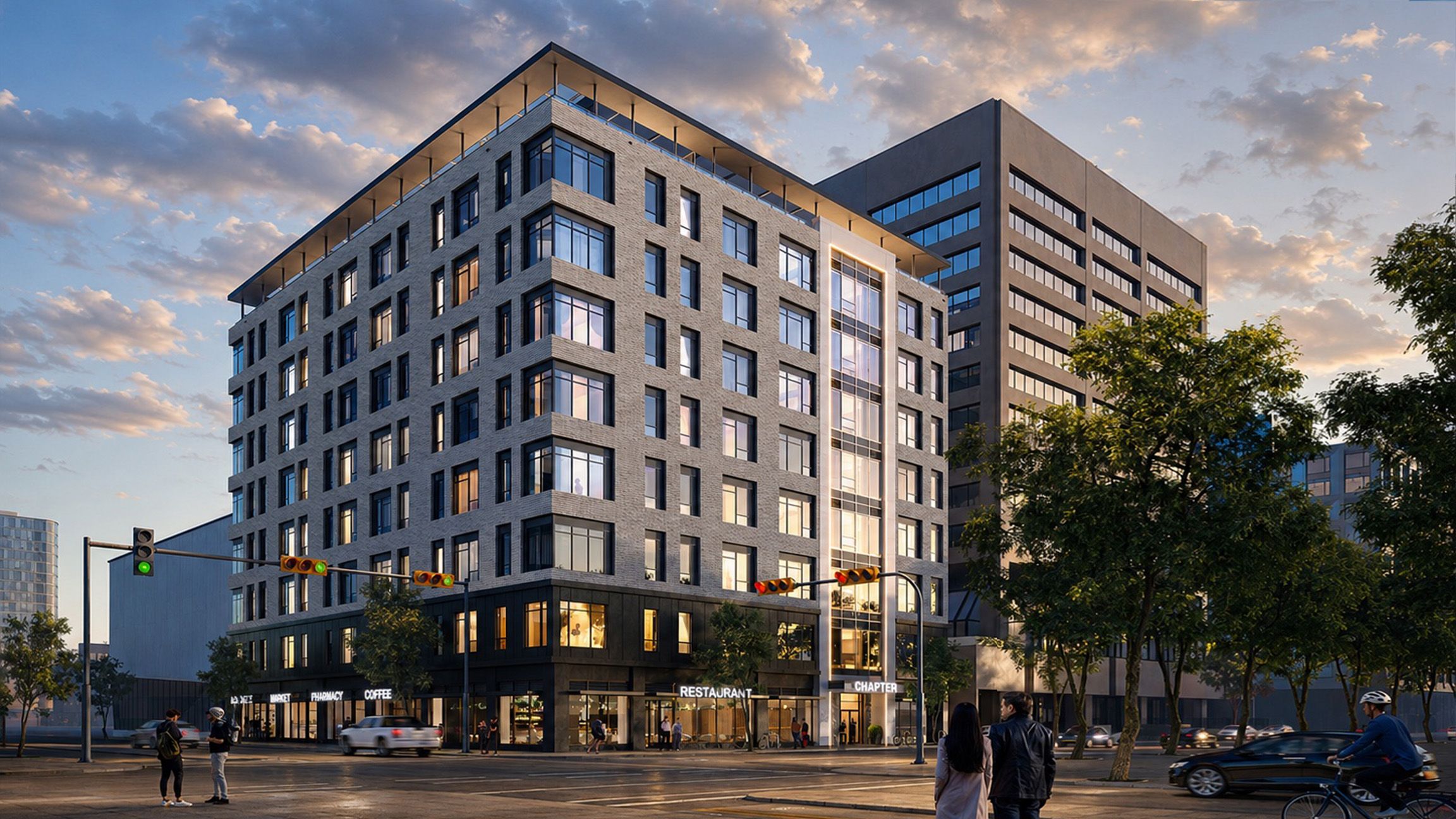 Rendering of Chapter by Cressey residential rental building with ground-floor commercial at dusk