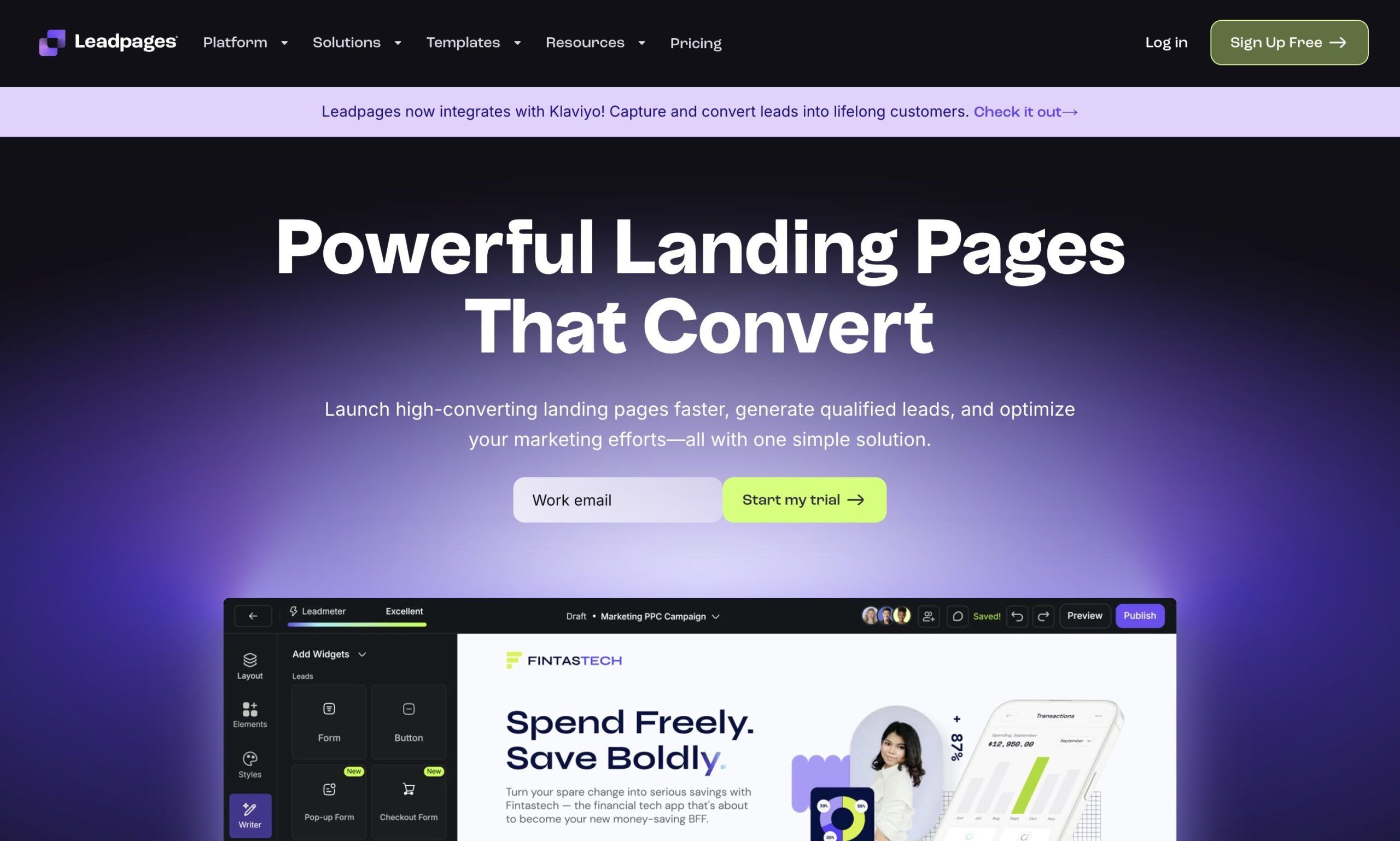 Interfaccia di Leadpages, strumento per creare landing page ottimizzate per la conversione dei lead