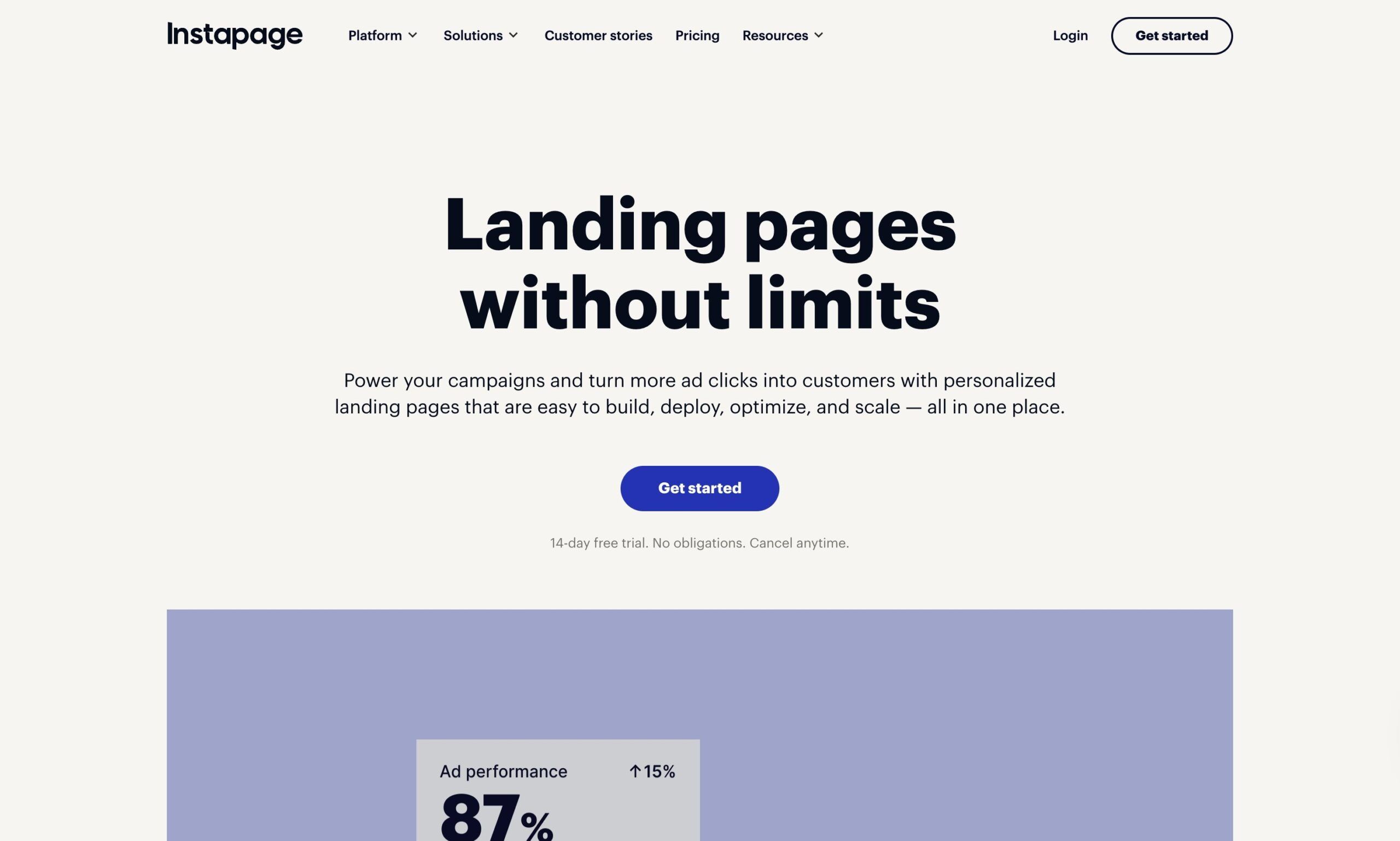 Interfaccia di Instapage, piattaforma professionale per la creazione e ottimizzazione di landing page