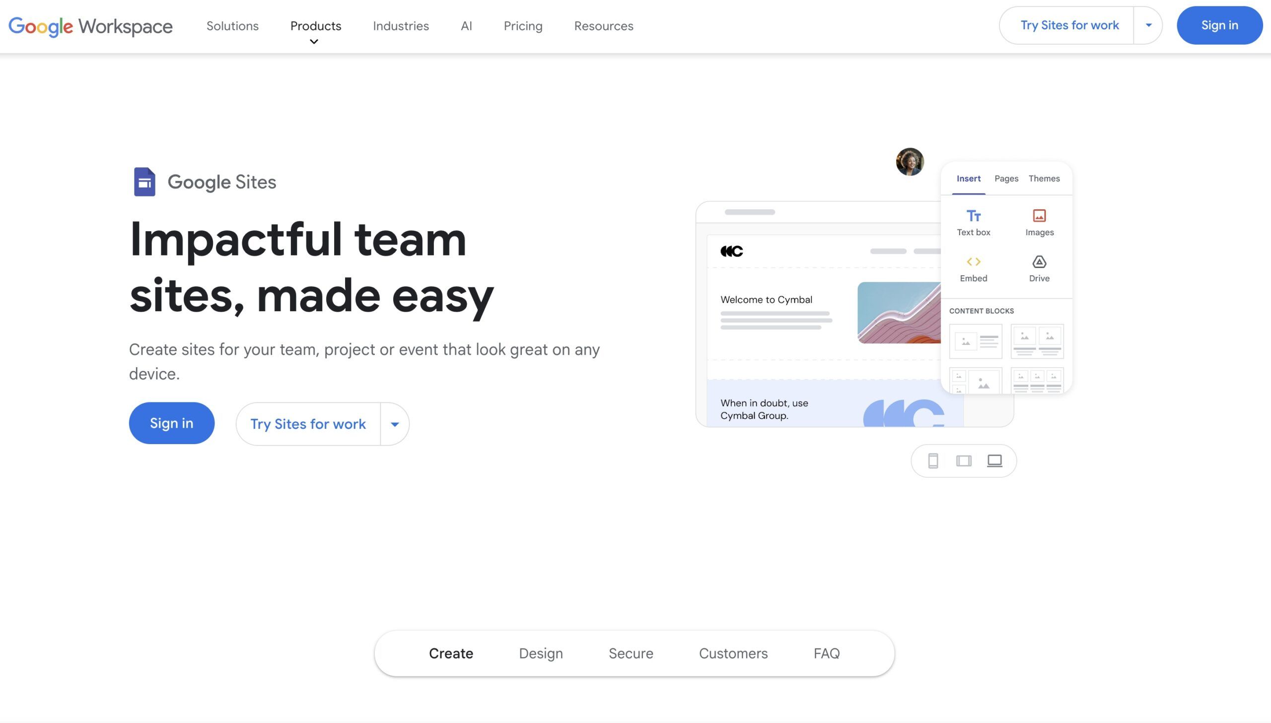 Interfaccia di Google Sites, strumento gratuito di Google per creare siti web e landing page
