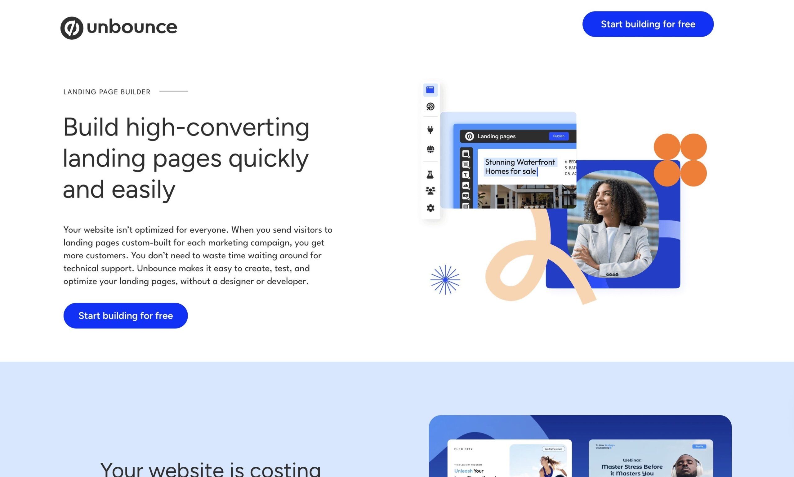 Interfaccia di Unbounce, piattaforma avanzata per landing page con funzionalità di A/B testing