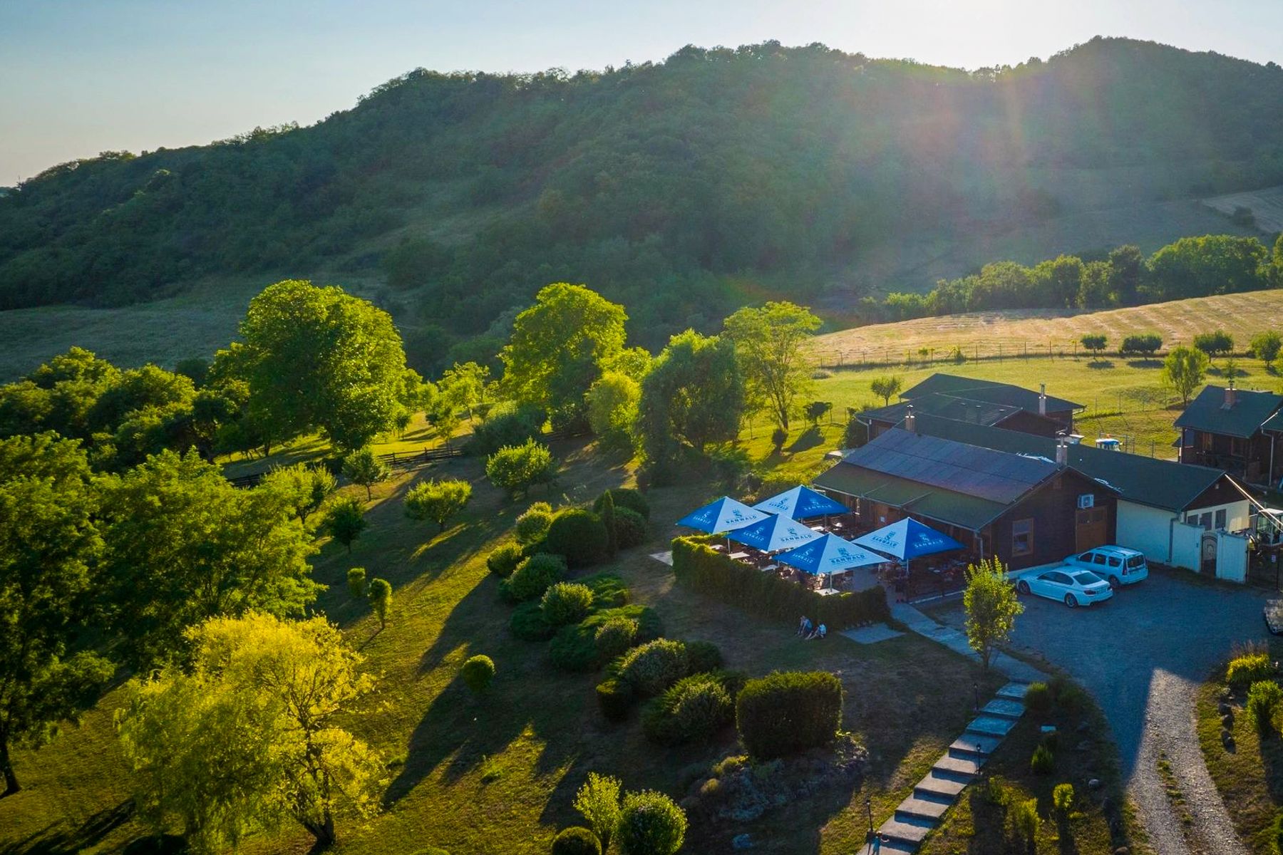 Vedere aeriană cu drona — Schwabenhof în Isla, Transilvania. Terasă cu umbrele, deal împădurit, lumină de seară.