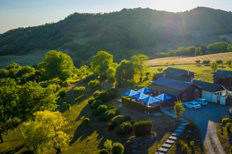 Vedere aeriană cu drona — Schwabenhof în Isla, Transilvania. Terasă cu umbrele, deal împădurit, lumină de seară.