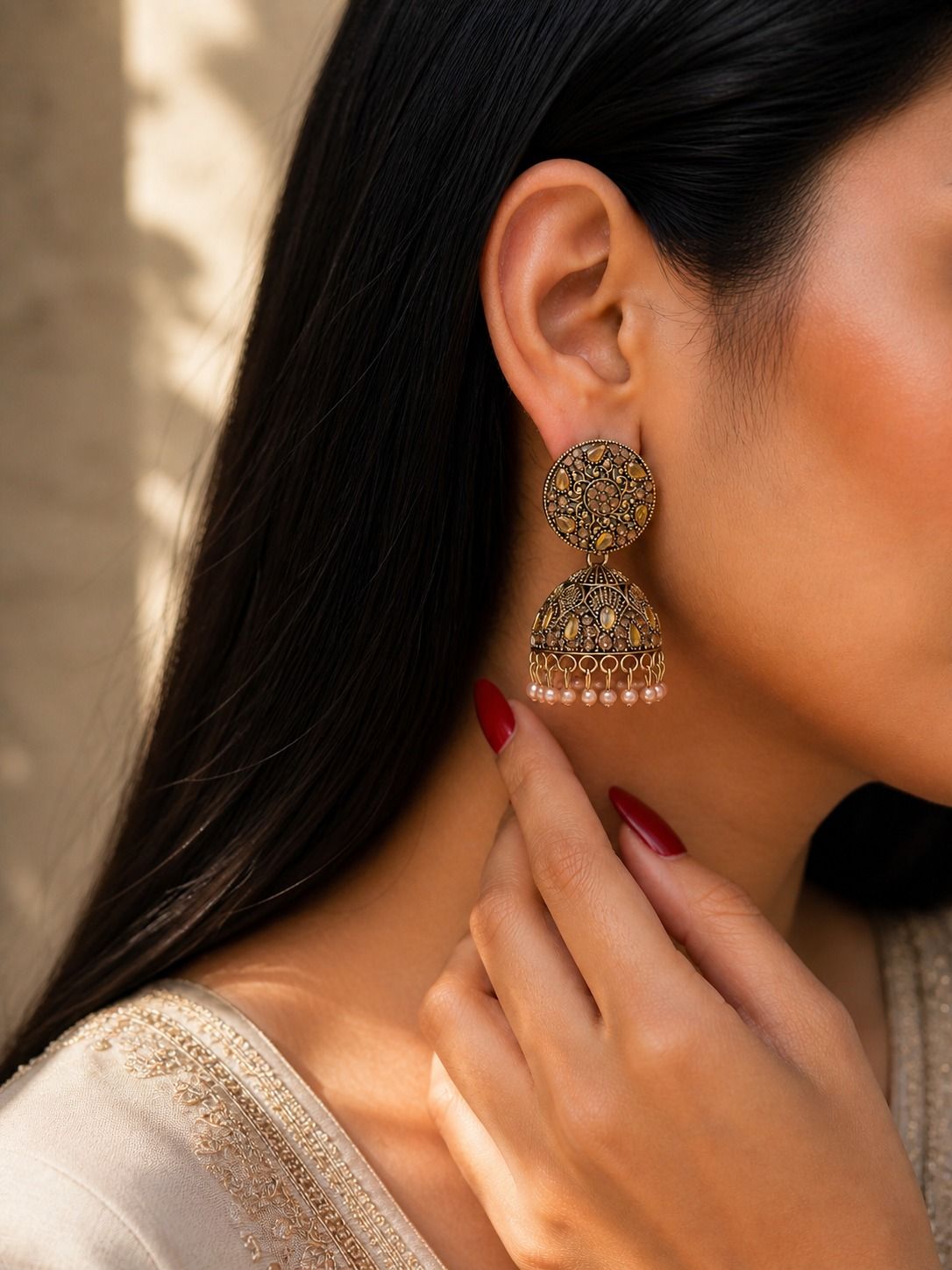 Meher Antique Gold Jhumka Earrings