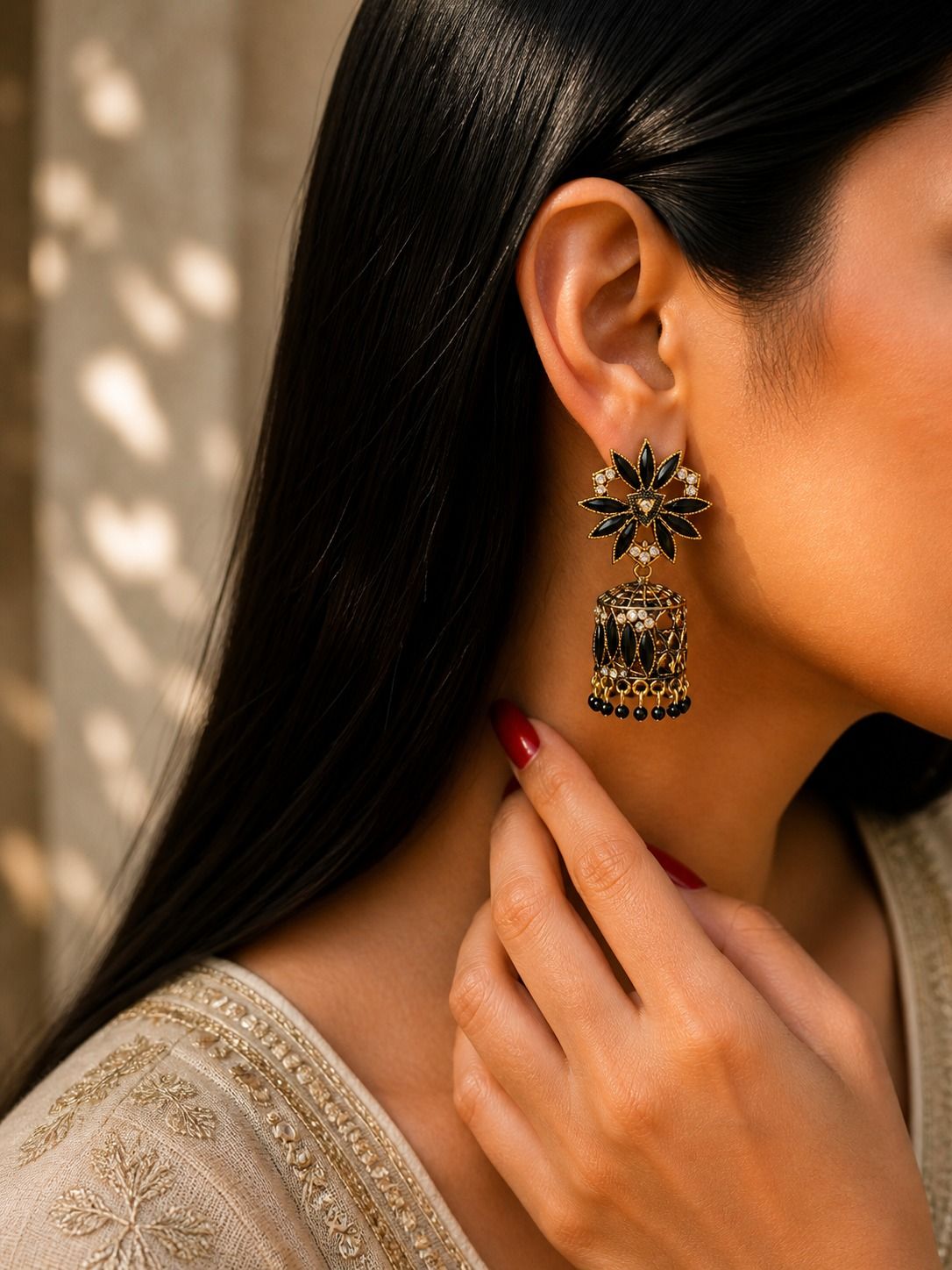 Floral Black Jhumka Earrings