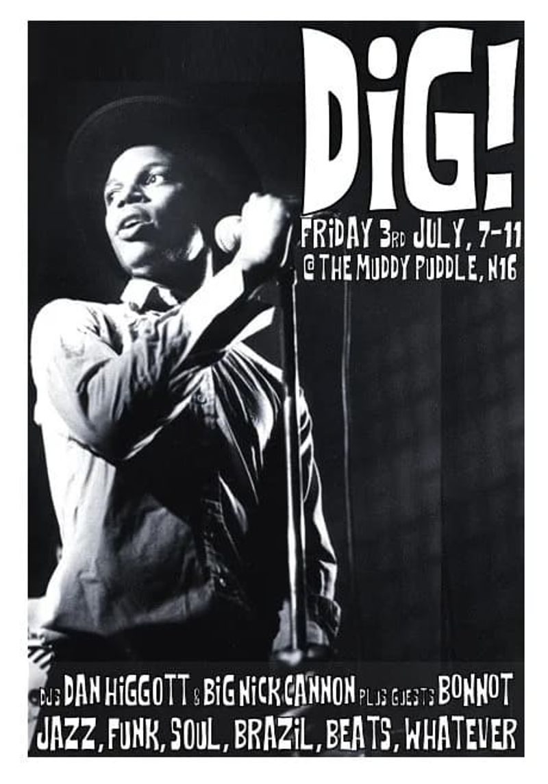 Black and white photograph of a singer at a microphone, with DiG! in hand-drawn white capitals