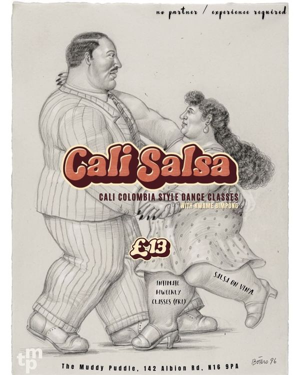 Botero pencil drawing of a dancing couple with "Cali Salsa" lettered across it