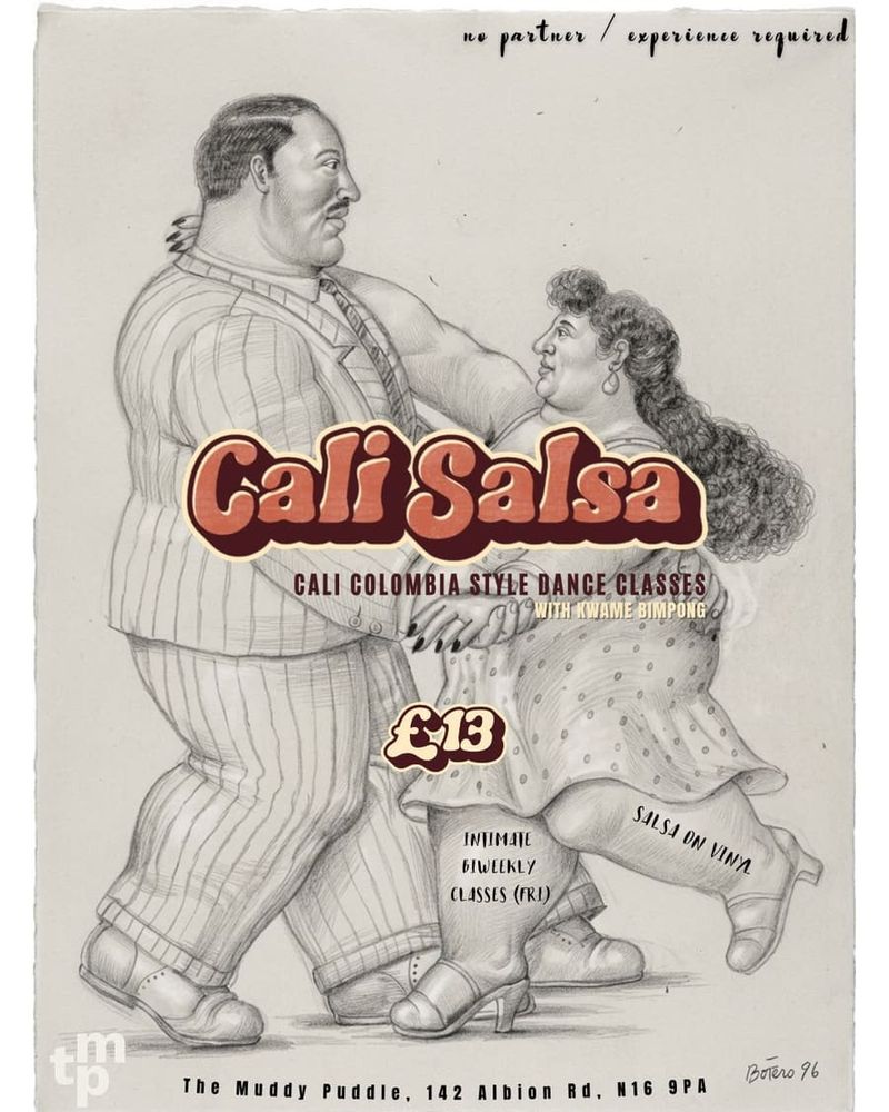 Botero pencil drawing of a dancing couple with "Cali Salsa" lettered across it