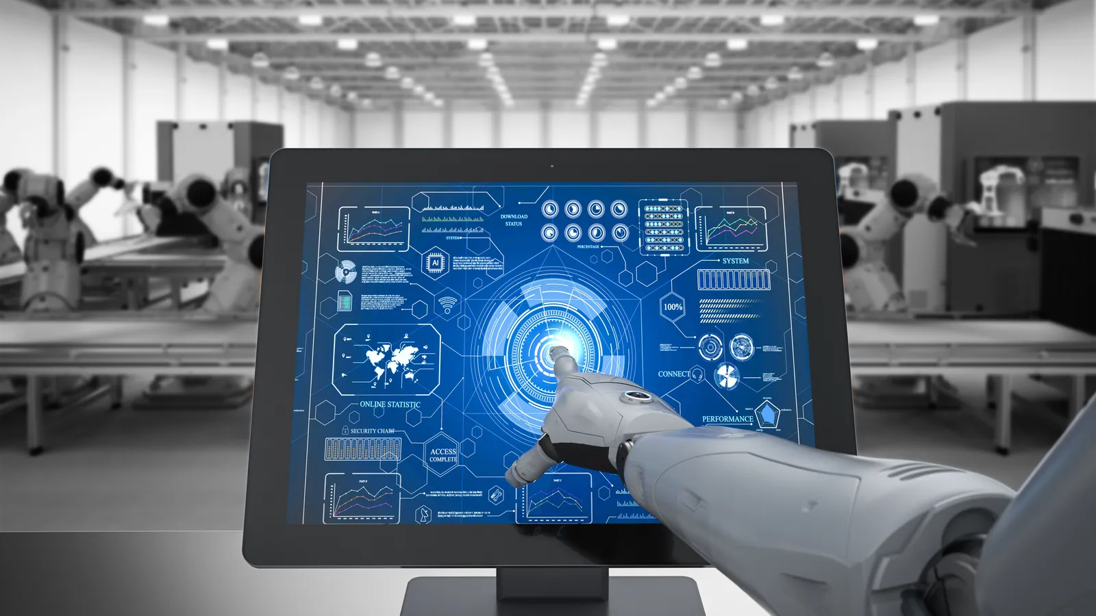 A robotic arm interacts with a touchscreen displaying digital charts and diagrams in a modern industrial setting.