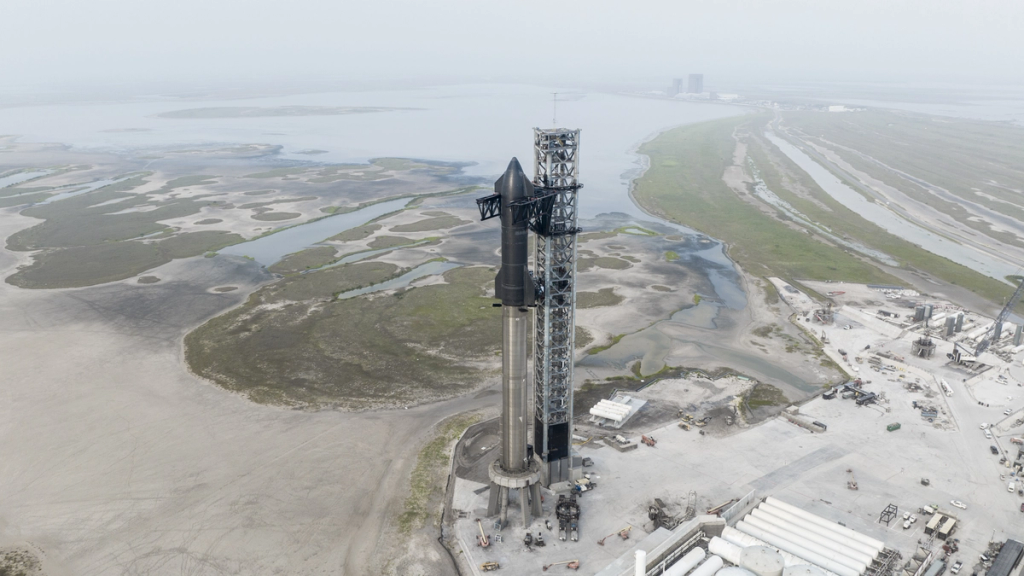Starship rocket ready to launch aerial view