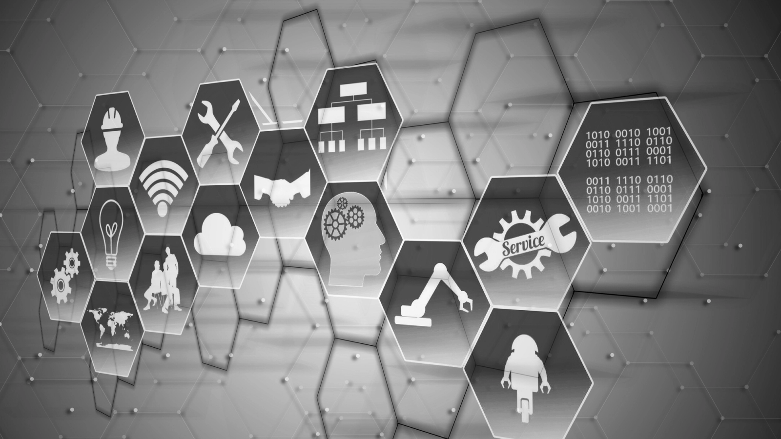 Hexagonal icons depicting technology concepts like AI, robotics, cloud computing, and service, connected in a network pattern.