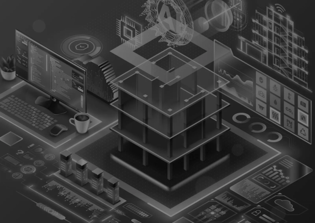 Futuristic digital workspace with holographic building model, multiple screens, data charts, and technology icons in a dark setting.