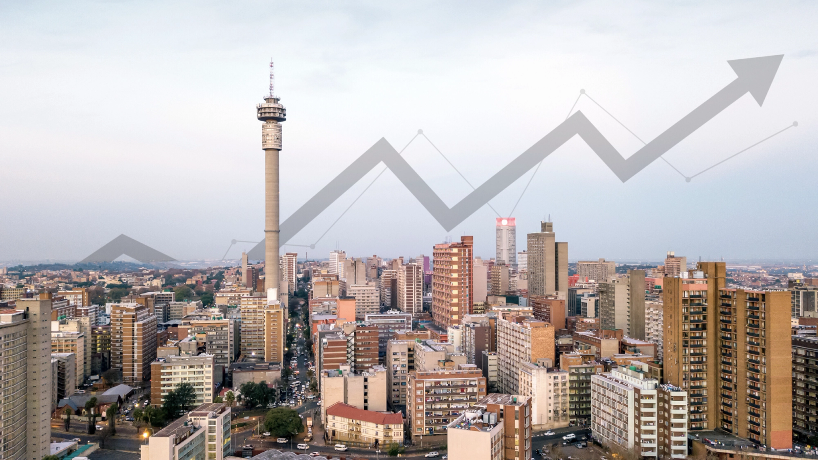 Johannesburg city skyline with a tall tower and high-rise buildings, overlaid with a rising arrow graph indicating growth or progress.