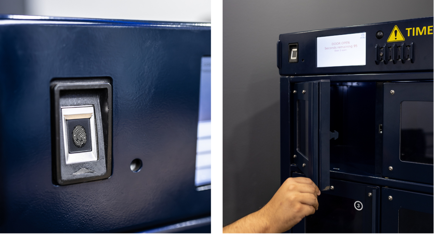 Close-up of a fingerprint scanner on a blue locker and a person opening a locker door with a small handle.