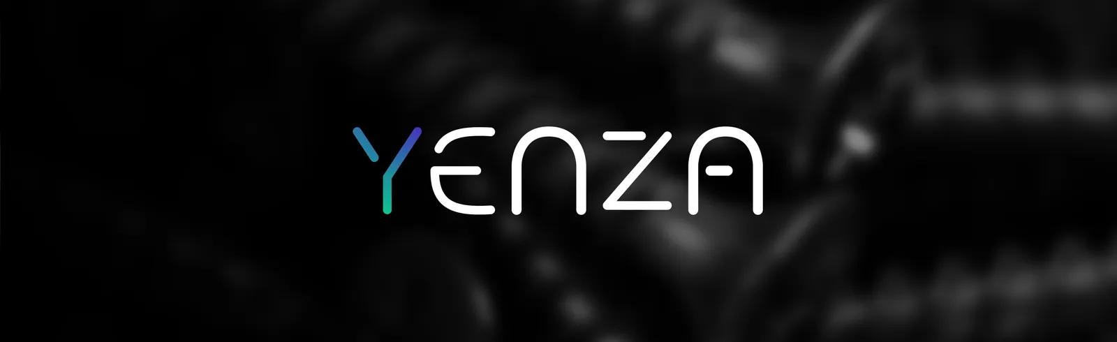 The image displays the word "Yenza" in a sleek, modern font against a dark, blurred background.
