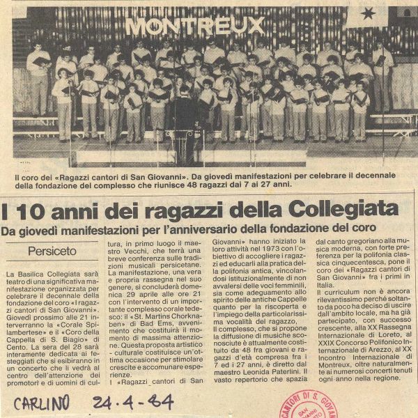 Per il decennale del coro, “il Resto del Carlino”, 24 aprile 1984