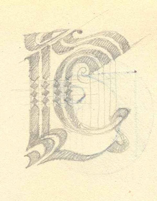 Studio a matita di una lettera ornata