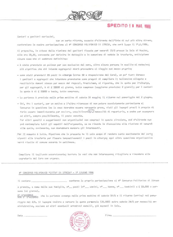Ai cantori e ai genitori, maggio 1986: il Concorso di Stresa
