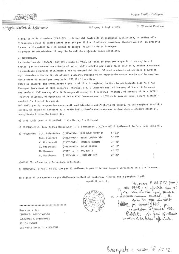Lettera al Centro San Salvatore di Bologna, 7 luglio 1992