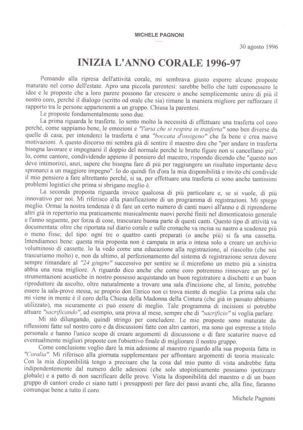 Michele Pagnoni, “Inizia l’anno corale 1996-97”, 3 ottobre 1996