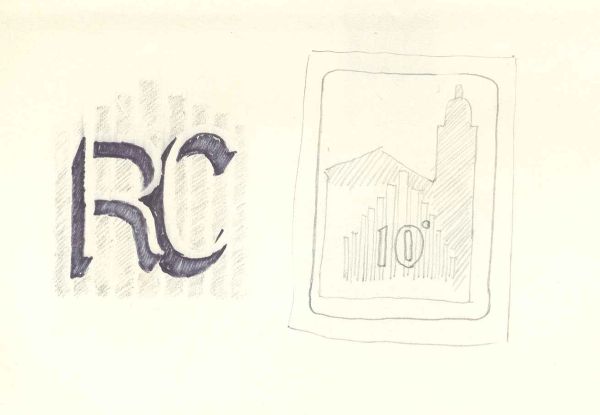 Monogramma RC e bozzetto con la chiesa e la scritta “10º”