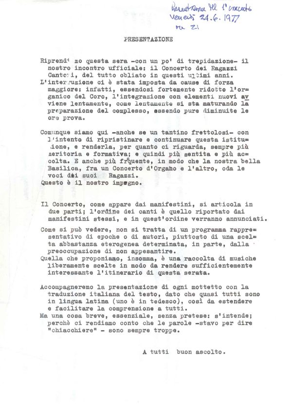 Introduzione al concerto del 24 giugno 1977