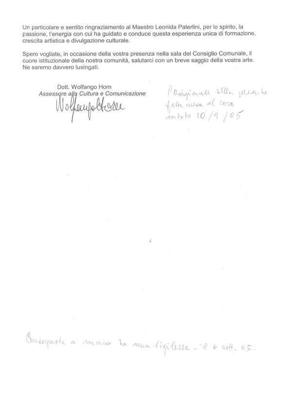 Attestato di benemerenza: lettera dell’assessore alla cultura, 6 settembre 2005 (2/2)