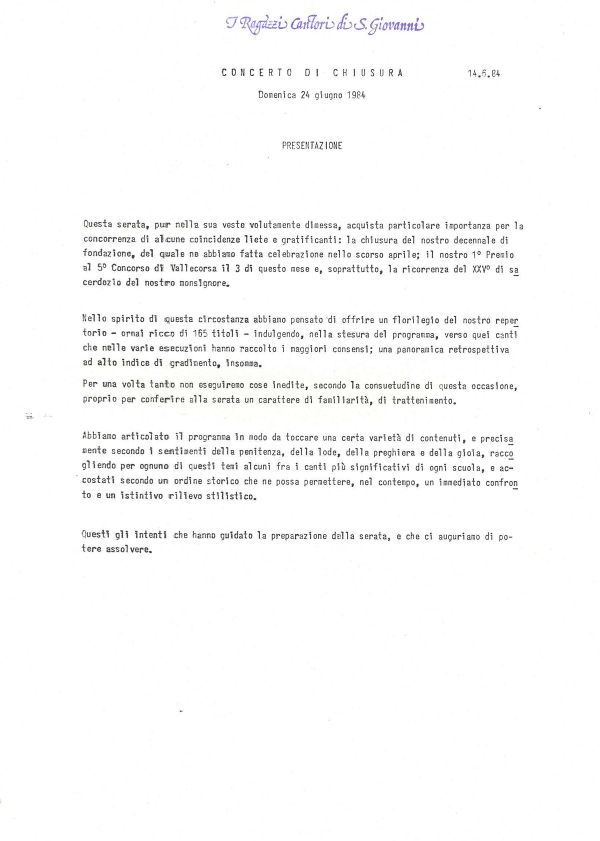 Introduzione al concerto di chiusura, 24 giugno 1984