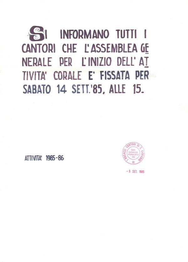 Avviso dell’assemblea di inizio attività, 5 settembre 1985