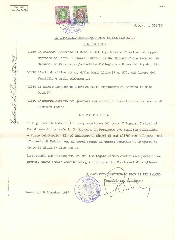 Autorizzazione all’impiego di minori nel concerto di Natale a Cento, dicembre 1987 (1/3)