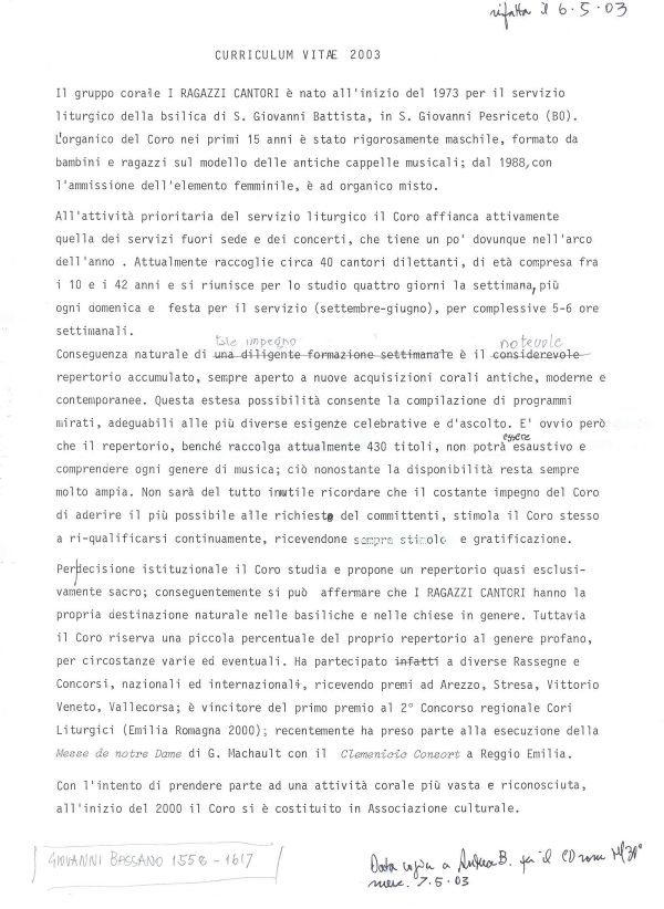 Curriculum del coro, 2003
