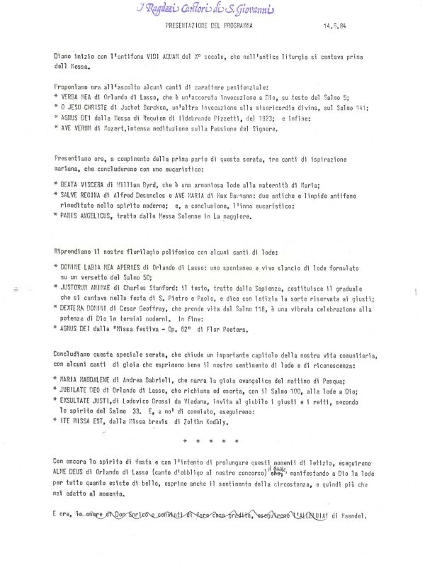 Presentazione del programma, giugno 1984