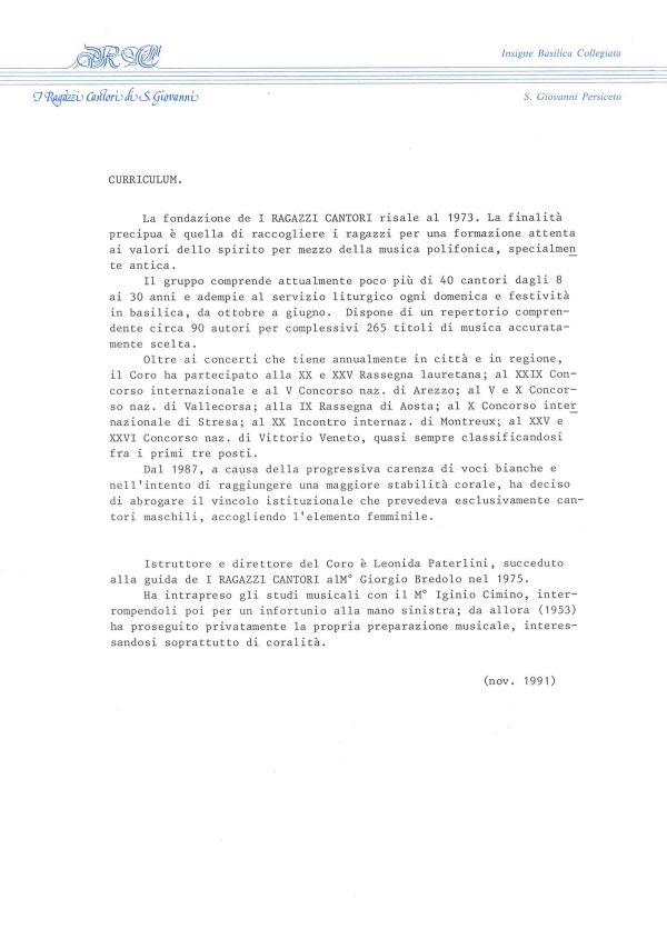 Curriculum del coro, novembre 1991