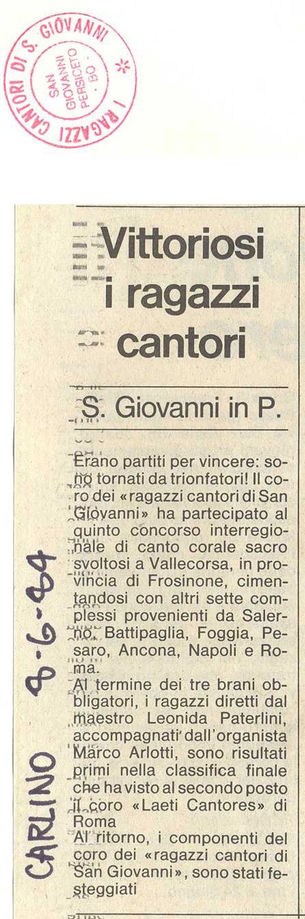 Trafiletto su Vallecorsa, “il Resto del Carlino”, 8 giugno 1984