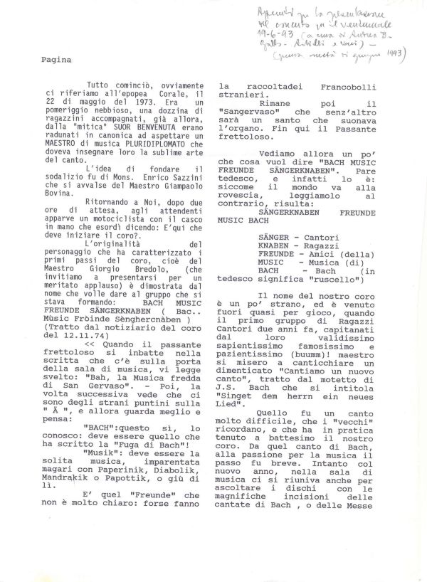 Idee per la presentazione del ventennale del coro, giugno 1993 (1/5)