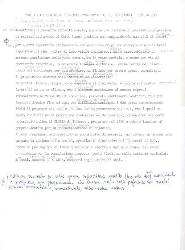 Bozza del pieghevole per il XXX Concerto di San Giovanni, 25 aprile 2003