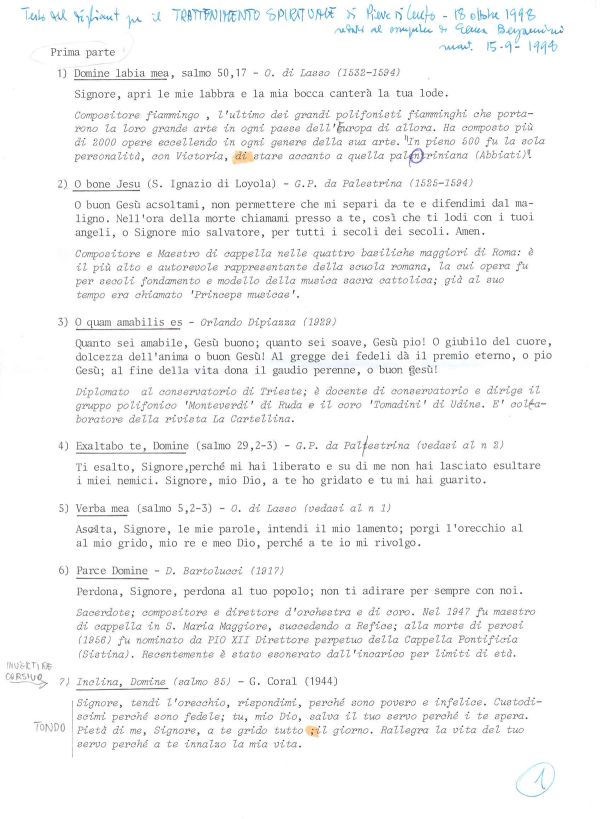 Bozza del dépliant per il trattenimento spirituale del 18 ottobre 1998 (1/3)