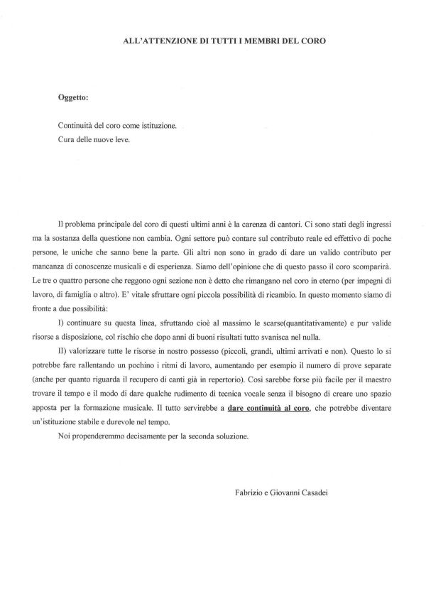 Fabrizio e Giovanni Casadei, sulla continuità del coro, 8 aprile 1997